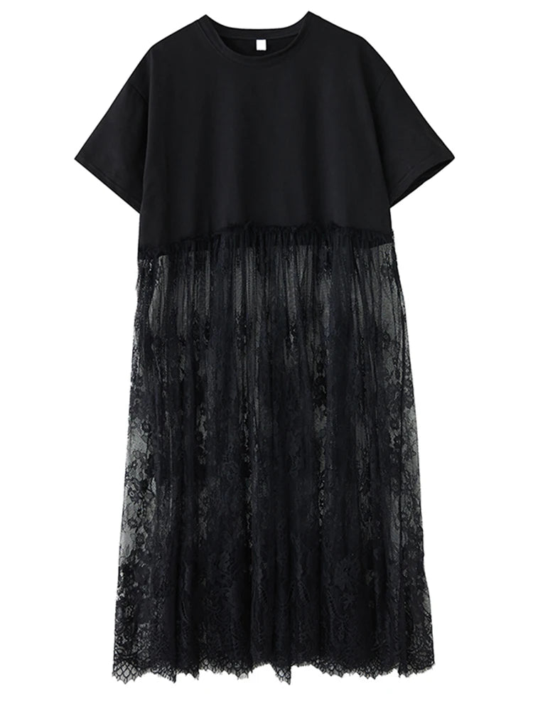 XITAO Patchwork Lace Short Sleeve Dress O-neck Casual Loose Fitting A-line Solid Color Pullover Summer Women Dress ZMY1214