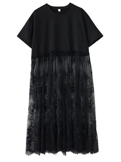 XITAO Patchwork Lace Short Sleeve Dress O-neck Casual Loose Fitting A-line Solid Color Pullover Summer Women Dress ZMY1214