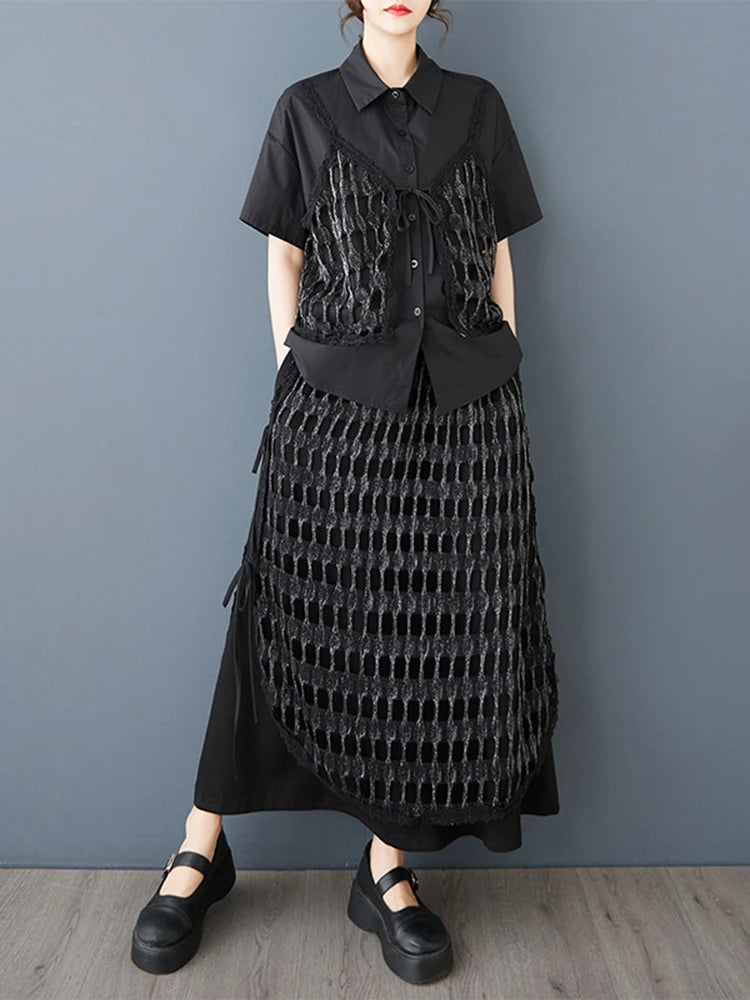 XITAO Patchwork Hollow Out Lapel Dress Set Casual Short Sleeve A-line Elastic Waist Korean Version Spring Women Set GYX1627