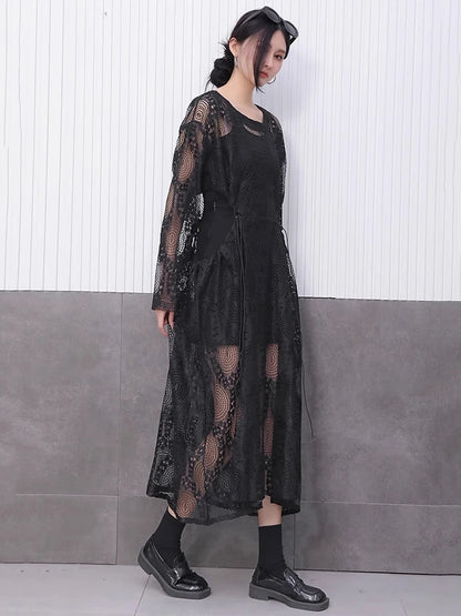 XITAO Loose Drawstring Hollow Out Dress Casual Long Sleeve Embroidery Trend Women Simple Temperament Elegant Dress HQQ2451