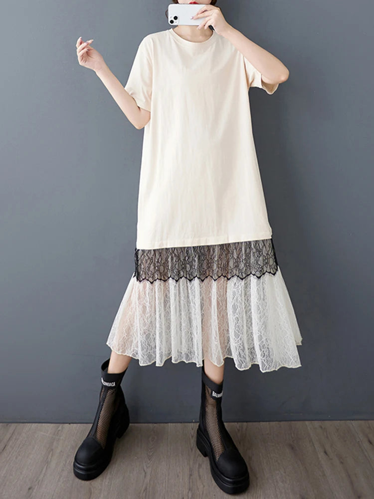 XITAO Gauze Patchwork Lace Contrast Color Pullover Dress O-neck Short Sleeve Loose A-line Mid-calf Casual T-shirt Dress HQQ2474