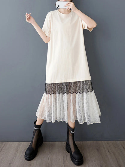 XITAO Gauze Patchwork Lace Contrast Color Pullover Dress O-neck Short Sleeve Loose A-line Mid-calf Casual T-shirt Dress HQQ2474