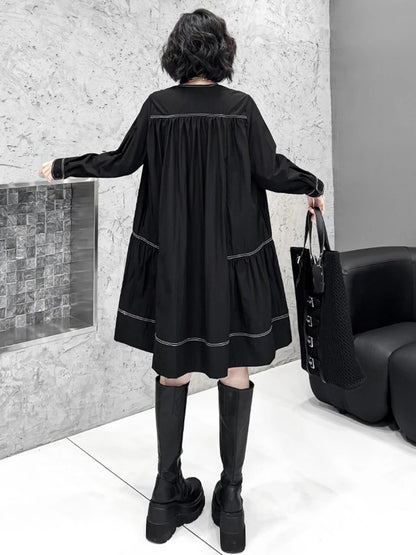 XITAO Loose V-neck Folds Female Dress Elegant Temperament A-line Women  Fashion Slimming Long Sleeve Pullover GMM1322