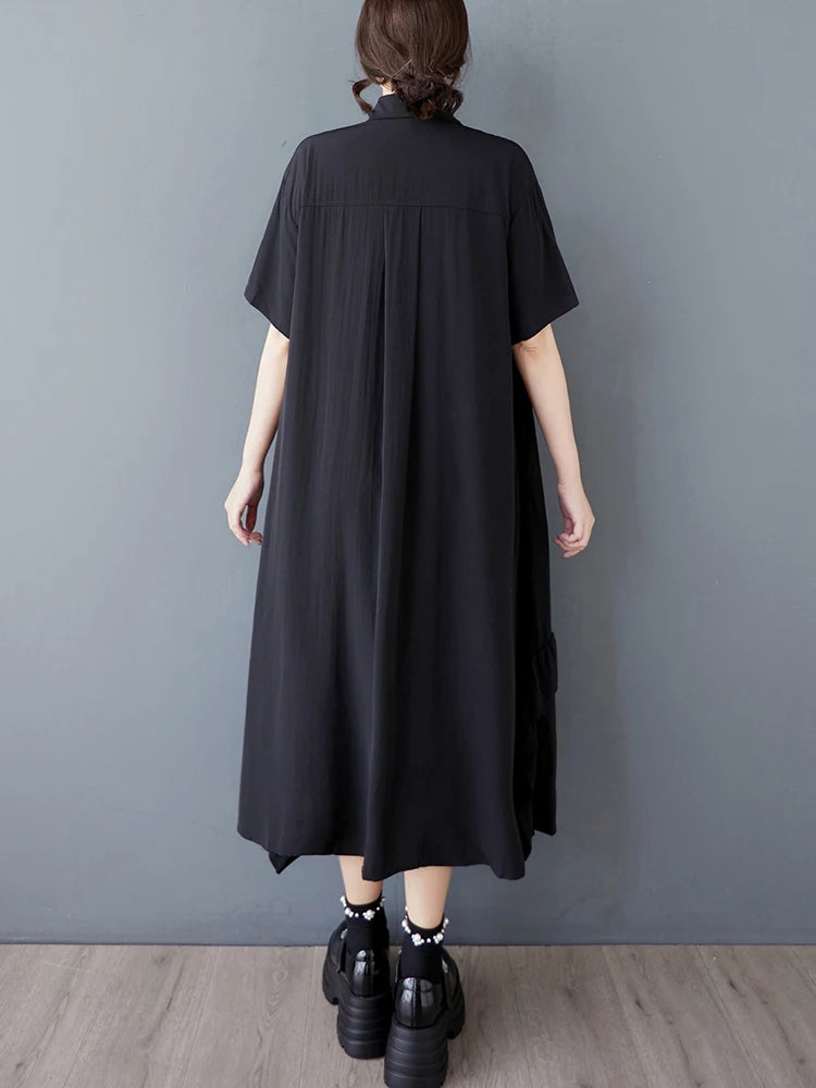XITAO Irregular Edible Tree Fungus Shirt Dress Solid Color Loose Slimming Single Breasted Women Casual A-line Dress GYX1637