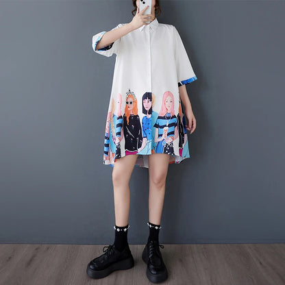 XITAO Print Single Breasted Loose Female Dress Half Sleeve Turn-down Collar Casual Cartoon Summer Women Irregular Dress ZMY1218