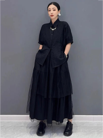 XITAO Mesh Patchwork Elastic Waist Matching Set Casual Solid Color Single Breasted Turn-down Collar New Women Set ZMY1139