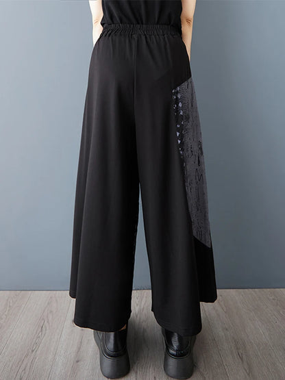XITAO Print Patchwork Pocket Elastic Waist Pants Contrast Color Loose All Match Casual Slimming Summer Wide Leg Pants HQQ2482