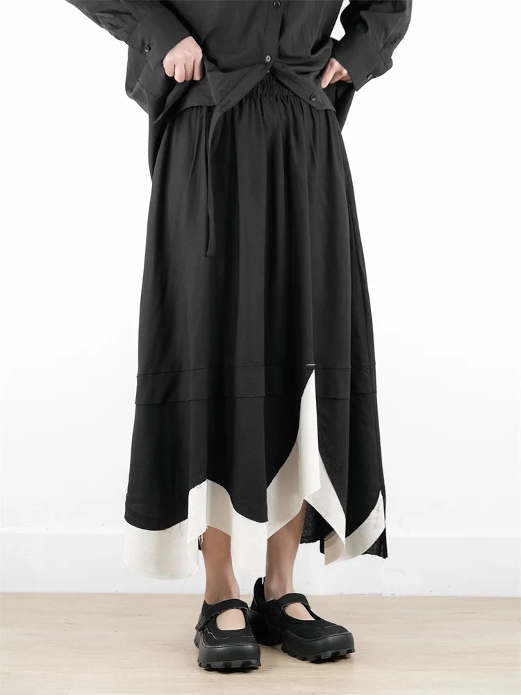XITAO Contrast Color Asymmetrical Pocket Skirt Elastic Waist Patchwork A-line Loose Mid-calf Slimming Personality Skirt HQQ2444