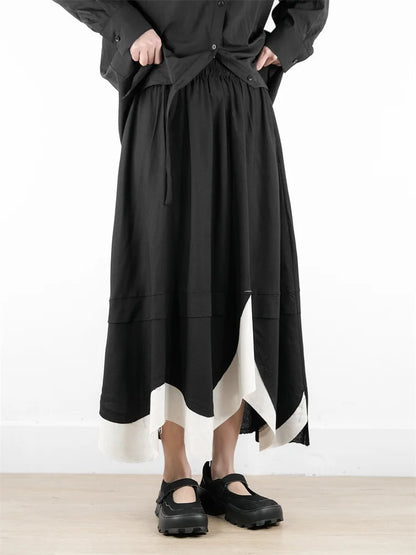 XITAO Contrast Color Asymmetrical Pocket Skirt Elastic Waist Patchwork A-line Loose Mid-calf Slimming Personality Skirt HQQ2444