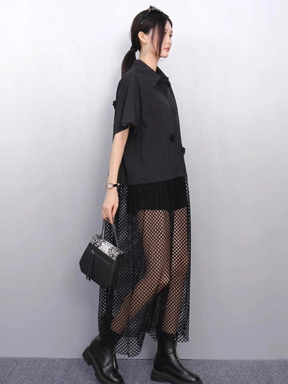 XITAO Flower Patchwork Irregular Shirt Dress Casual Solid Color Short Sleeve Women Summer Hollow Out Loose Dress HQQ2513