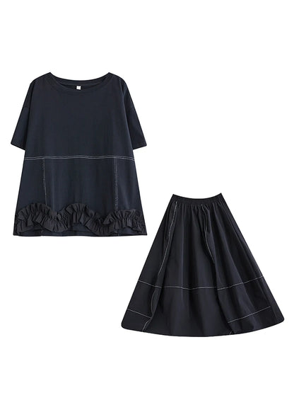 XITAO Patchwork Ruffles O-neck Matching Female Set Casual Solid Color A-line Pullover New Arrival Bud Summer Women Set GYX1575