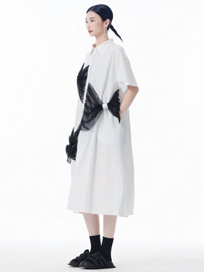 XITAO Patchwork Bow Mesh Female Shirt Dress Casual Simple Single Breasted Women Loose A-line Personality Street Dress HQQ2443