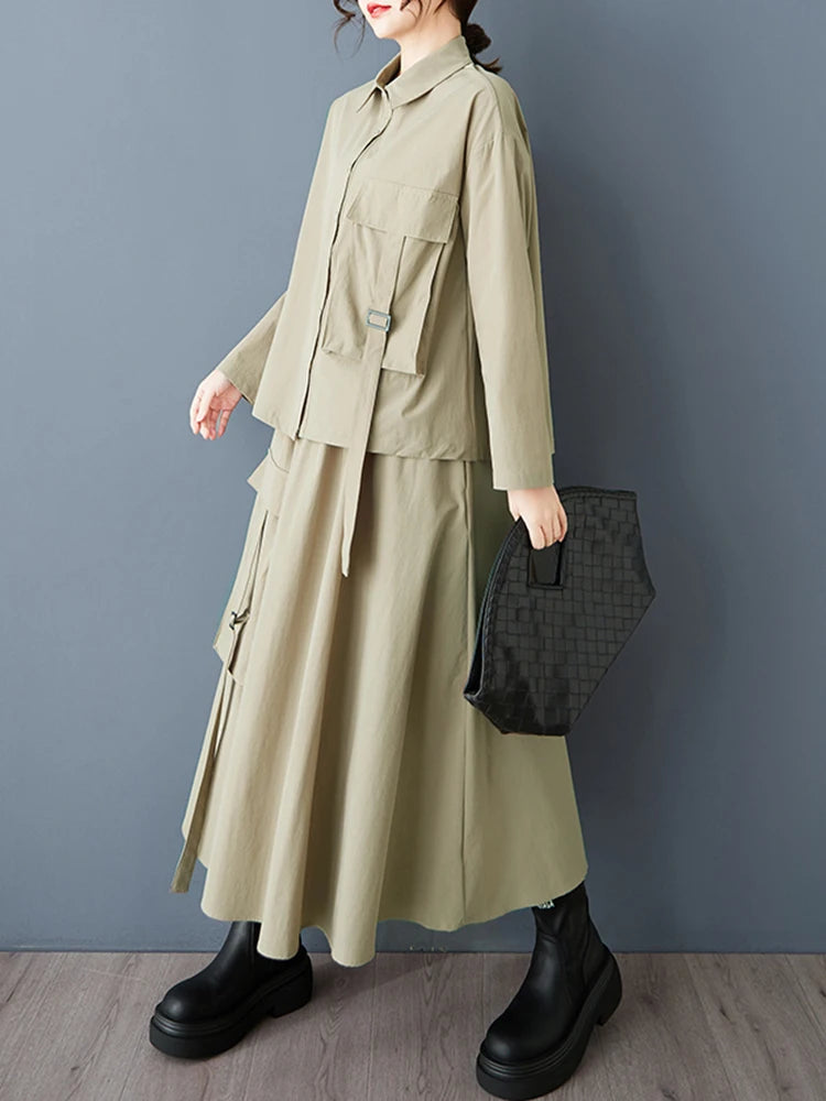 XITAO Single Breasted Pocket Full Sleeve Matching Set Casual Solid Color Elastic Waist Turn-down Collar Female Dress Set GYX1543