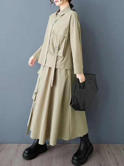 XITAO Single Breasted Pocket Full Sleeve Matching Set Casual Solid Color Elastic Waist Turn-down Collar Female Dress Set GYX1543