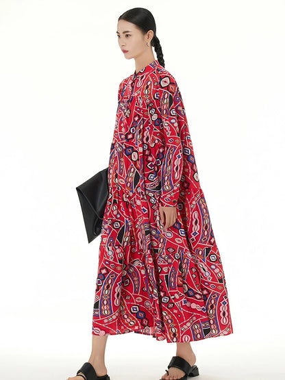 XITAO Geometric Print Dress Loose Fashion Contrast Color Stand Collar Long Sleeve Vintage Women Shirt Dress New HQQ2107