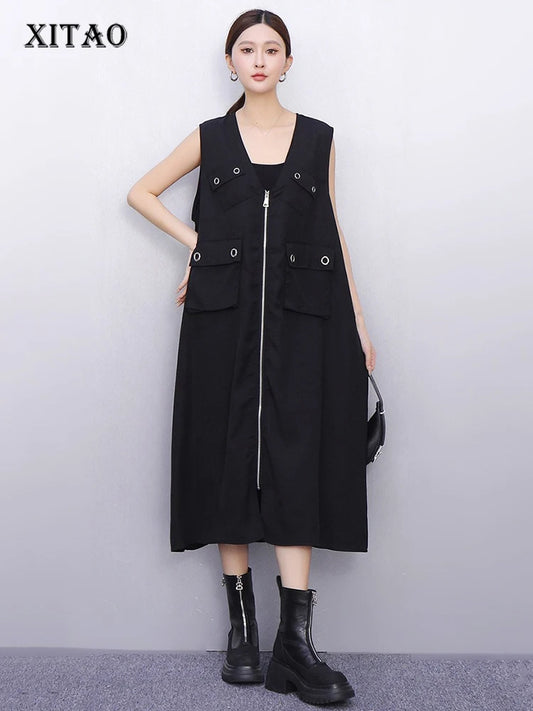 XITAO Sleeveless Patchwork Dress Pocket Solid Color Zipper Loose New Arrival A-line V-neck Elegant Summer Woman Dress ZMY1363