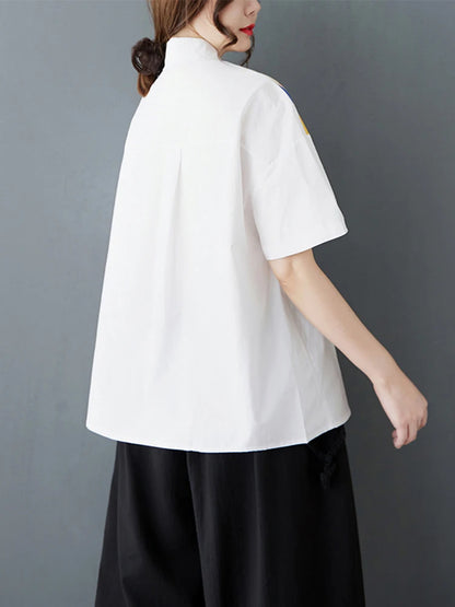 XITAO Patchwork Cartoon Half Sleeve Shirt Casual Turn-down Collar Simple Single Breasted Elegant Summer Female Blouse GYX1533