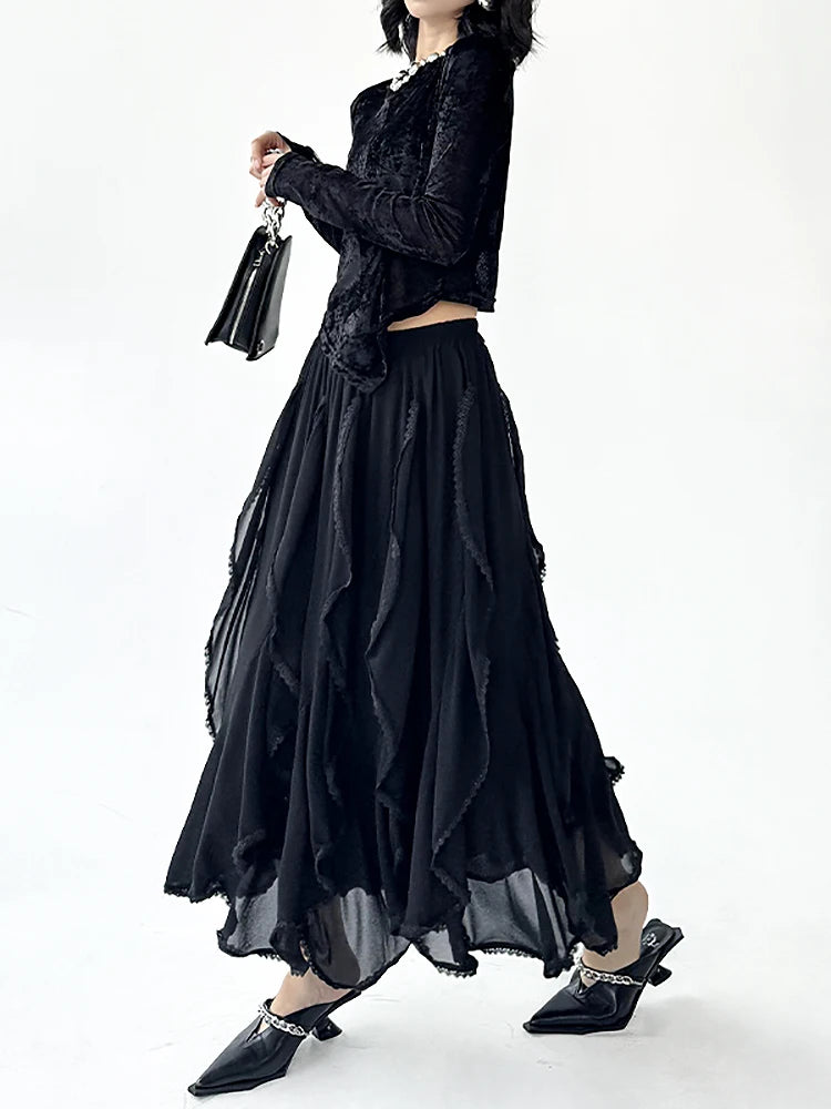 XITAO Patchwork Lace A-line Skirt Casual Solid Color Elastic Waist Loose Fitting Fashion New Elegant Summer Women Skirt GYX1641