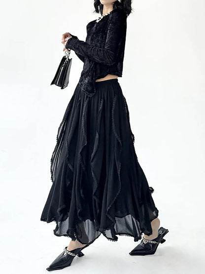 XITAO Patchwork Lace A-line Skirt Casual Solid Color Elastic Waist Loose Fitting Fashion New Elegant Summer Women Skirt GYX1641