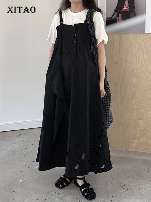 XITAO Hollow Out Square Collar Sleeveless Dress Pullover Solid Color Loose Camisole Temperament Ankle-length Casual Dress ZY8946