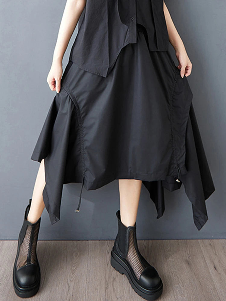 XITAO Irregular Pleated Drawstring Skirt Casual Elastic Waist Solid Color Personality A-line Korea Summer Women Skirt GYX1560