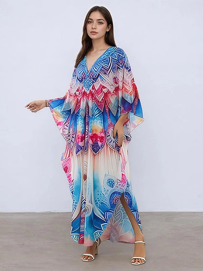 XITAO Bat Wing Sleeve Side Slit Dress Loose Print Casual V-neck Wrist Sleeve Vintage Fashion Slimming Summer Woman Dress GJ1157