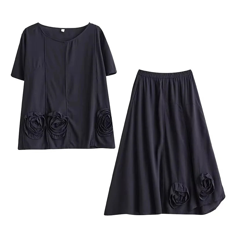 XITAO Casual Three-dimensional Flower Set Personality All-match Top Women Summer Loose Elastic Waist Big Hem Skirt ZMY1140