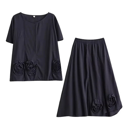 XITAO Casual Three-dimensional Flower Set Personality All-match Top Women Summer Loose Elastic Waist Big Hem Skirt ZMY1140