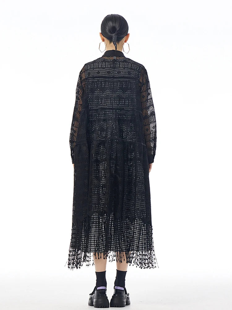 XITAO Lace Hollow Out Tassel Vintage Dresses Solid Color Turn-down Collar Single Breasted Loose Fashion 2024 Autumn LJ1084