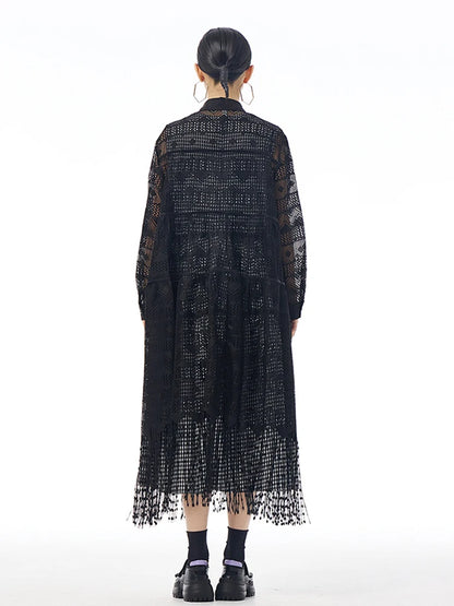 XITAO Lace Hollow Out Tassel Vintage Dresses Solid Color Turn-down Collar Single Breasted Loose Fashion 2024 Autumn LJ1084