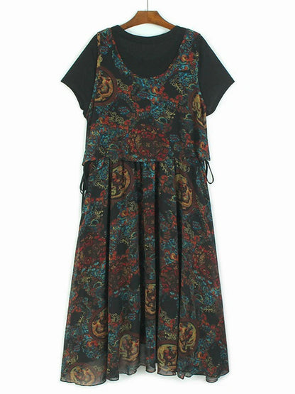 XITAO Sleeveless Vest Print Asymmetrical Dress Pieces Dress O-neck Pullover Patchwork Loose Pocket Slimming Casual Dress GYX1563
