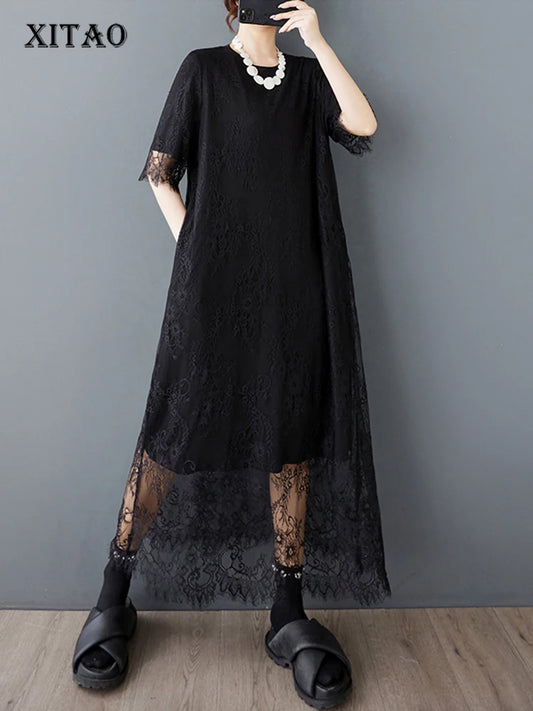 XITAO Mesh Patchwork O-neck Dress Temperament Elegant Irregular Women Summer Goddess Fan Short Sleeve Women Dress HQQ2477