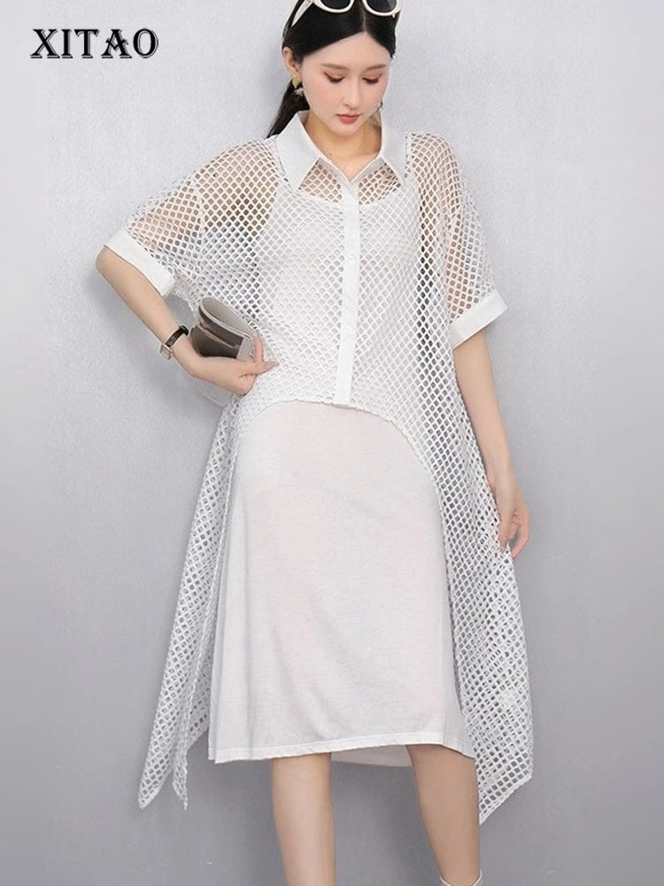 XITAO Asymmetrical Single Breasted Dress Casual A-line Loose Fitting Slimming Hollow Out Half Sleeve Summer Female Dress GYX1662