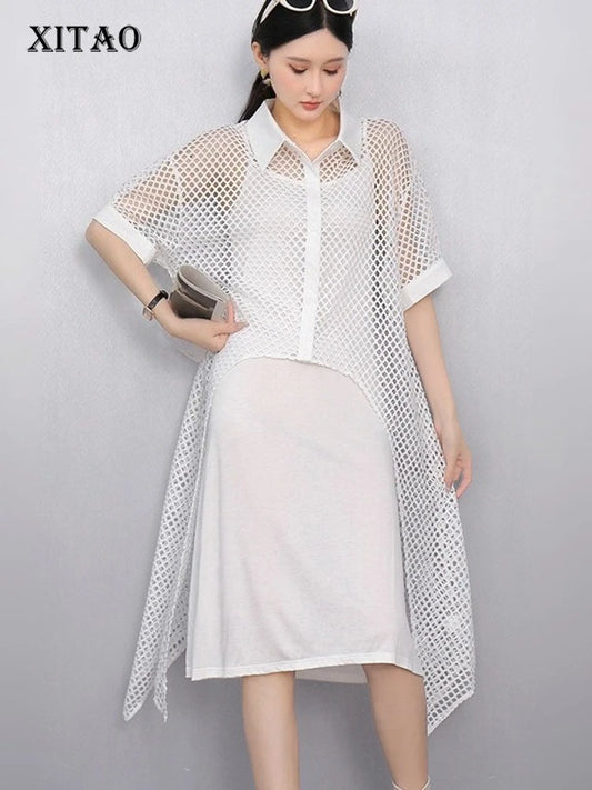XITAO Asymmetrical Single Breasted Dress Casual A-line Loose Fitting Slimming Hollow Out Half Sleeve Summer Female Dress GYX1662