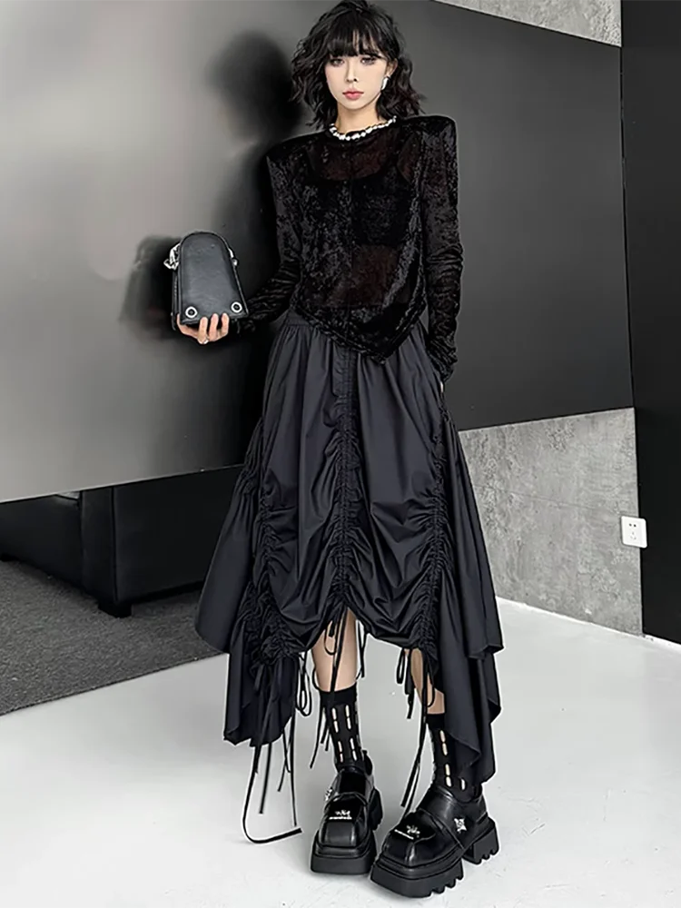 XITAO Drawstring Irregular Elastic Waist Skirt Casual Simple Solid Color Fashion Pleated Personality Summer Female Skirt ZMY1080