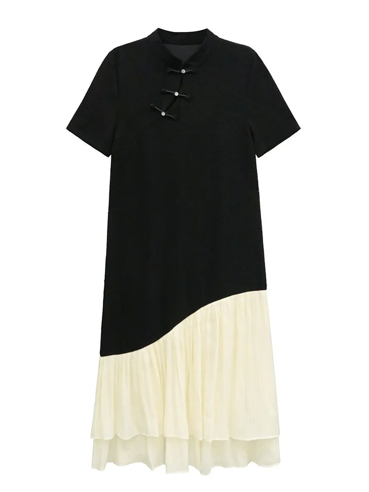 XITAO Gauze Patchwork Contrast Color Stand Collar Dress Single Breasted Pullover Loose Temperament Mid-calf Sweet Dress GYX1584