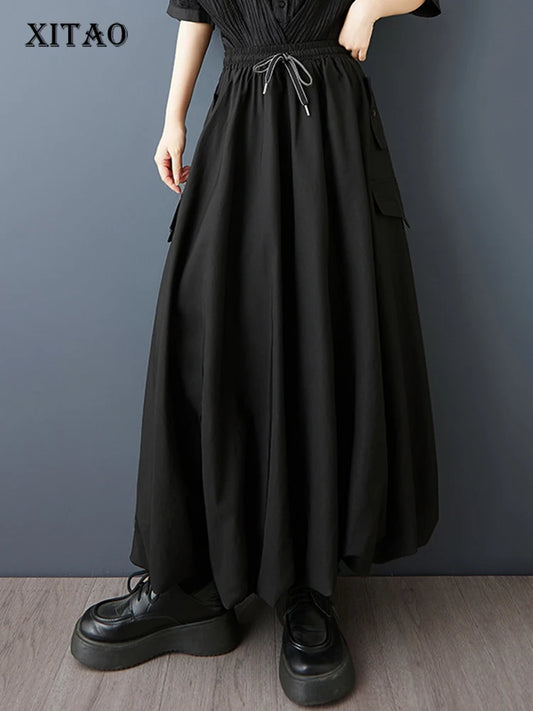 XITAO Drawstring Pocket Loose Skirts Solid Color Elastic Waist Temperament All-match New Arrival Summer Woman Skirts ZMY1283