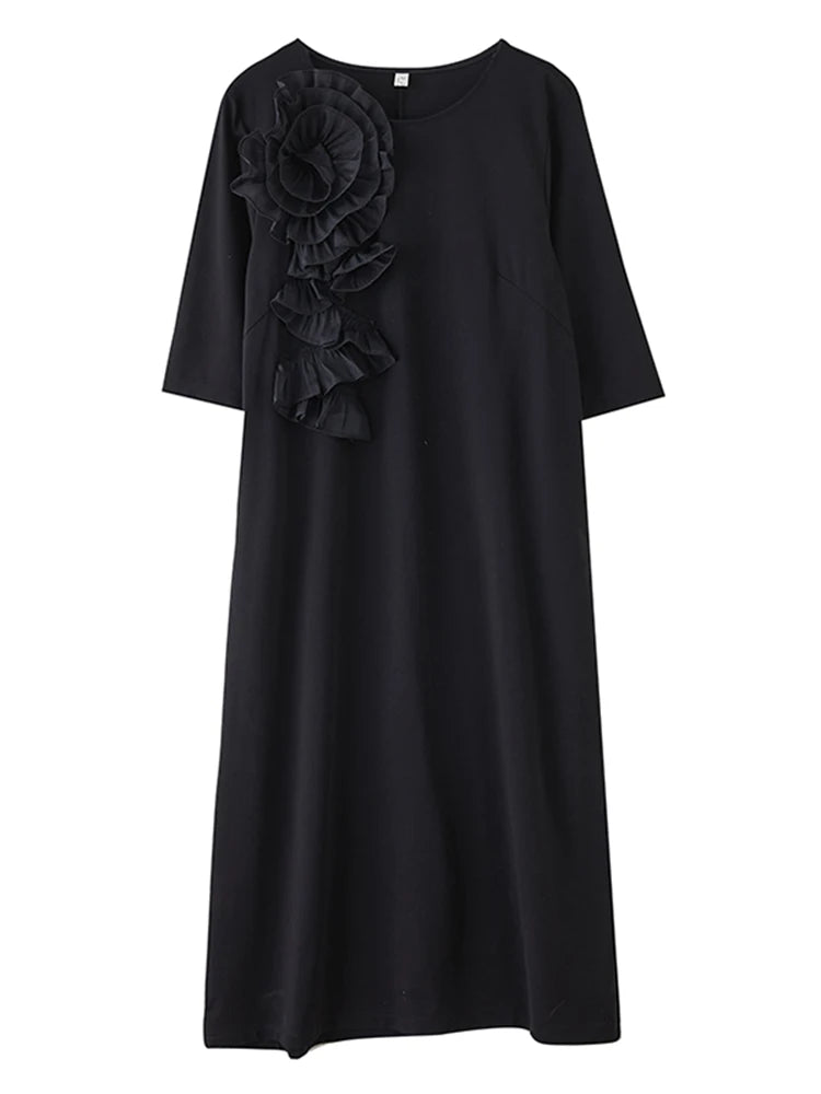 XITAO Flower Patchwork Loose Female Dress Vintage Solid Color Temperament Elegant Women Simple Irregular Casual Dress ZMY1064