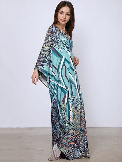 XITAO Print Batwing Sleeve Dress Casual A-line Personality Loose Fitting V-neck Full Sleeve New Summer Female Dress GJ1150