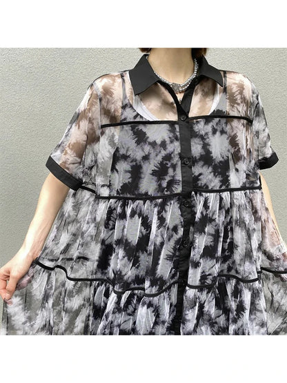 XITAO Mesh Patchwork Print Shirt Dress Loose Single Breasted Women Trend All-match Casual Summer Short Sleeve Dress ZMY1248