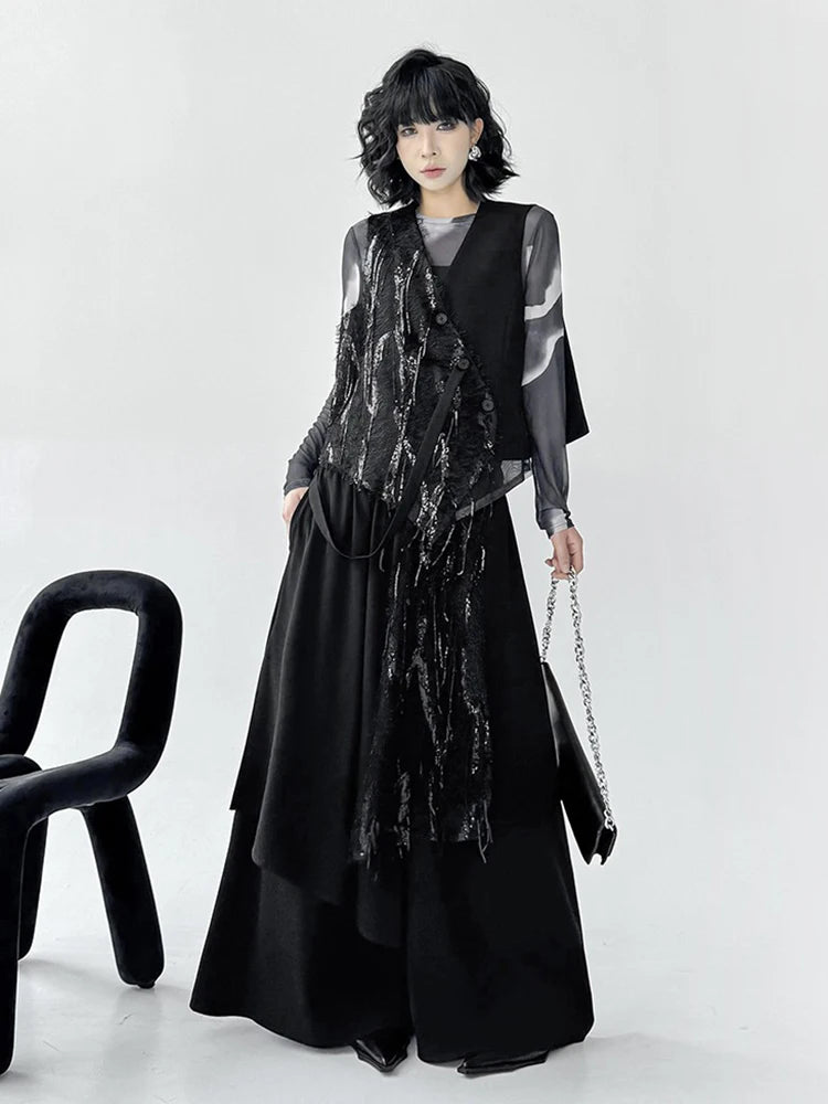 XITAO Sequins Patchwork Sleeveless Pant Sets Irregular Single Breasted V-neck Vest Elastic Waist Pocket Loose Pant ZY8939