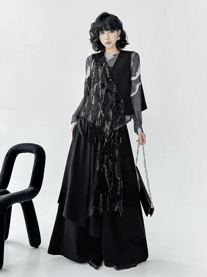 XITAO Sequins Patchwork Sleeveless Pant Sets Irregular Single Breasted V-neck Vest Elastic Waist Pocket Loose Pant ZY8939
