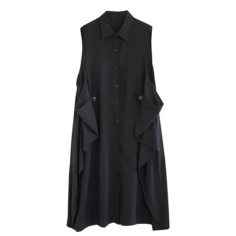 XITAO Patchwork Single Breasted Lapel Dress Casual Solid Color Sleeveless Fashion Loose Fitting Sweet Spring Women Dress GYX1530