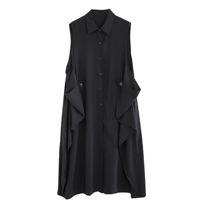 XITAO Patchwork Single Breasted Lapel Dress Casual Solid Color Sleeveless Fashion Loose Fitting Sweet Spring Women Dress GYX1530