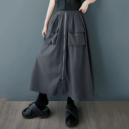 XITAO Zipper Pocket Patchwork Split Skirt Solid Color Elastic Waist Loose Mid-calf Casual Personality Slimming Skirt GYX1559