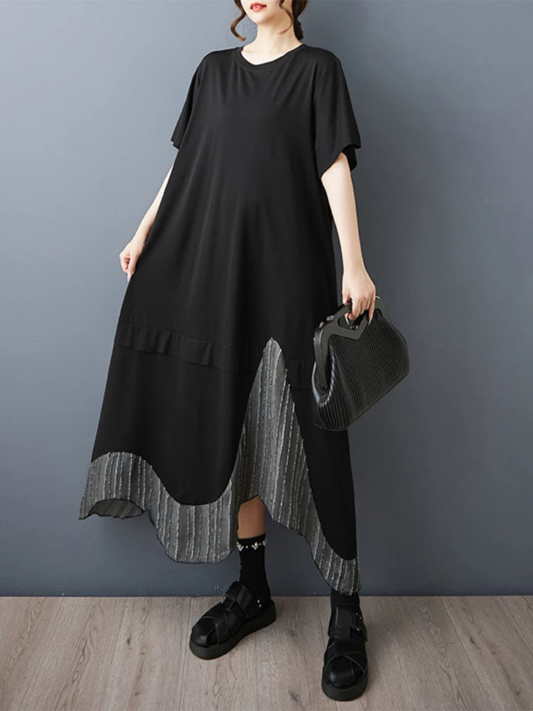 XITAO Patchwork Asymmetrical Black Dress Loose Casual Slimming Temperament O-neck Simple Short Sleeve Summer Woman Dress ZMY1385