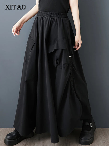 XITAO Pocket Drawstring Loose Skirts Solid Color Elastic Waist Casual All-match Slimming Patchwork Summer Woman Skirts ZMY1297