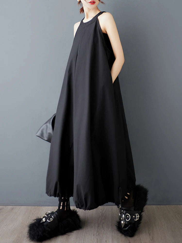 XITAO Pleated Drawstring O-neck Dress Sleeveless A-line Simple Solid Color Personality Pullover Summer Women Dress ZMY1161