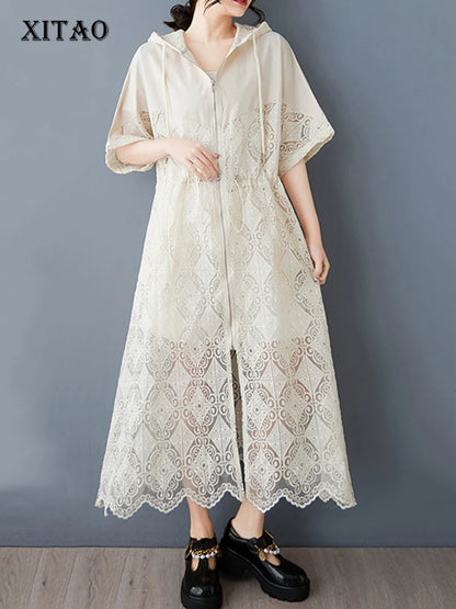 XITAO Hollow Out Hooded Collar Zipper Dress Fashion Patchwork Irregular A-line Women Summer Casual Elegant Dress HQQ2475