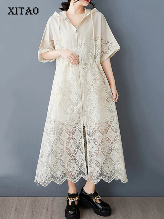 XITAO Hollow Out Hooded Collar Zipper Dress Fashion Patchwork Irregular A-line Women Summer Casual Elegant Dress HQQ2475